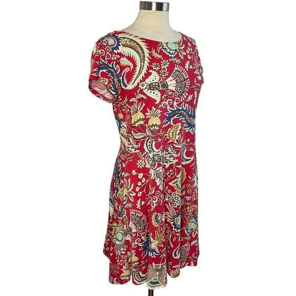 CHAPS Red Fit & Flare Stretch Cotton Boho Print Mini Dress, Large - Picture 3 of 8